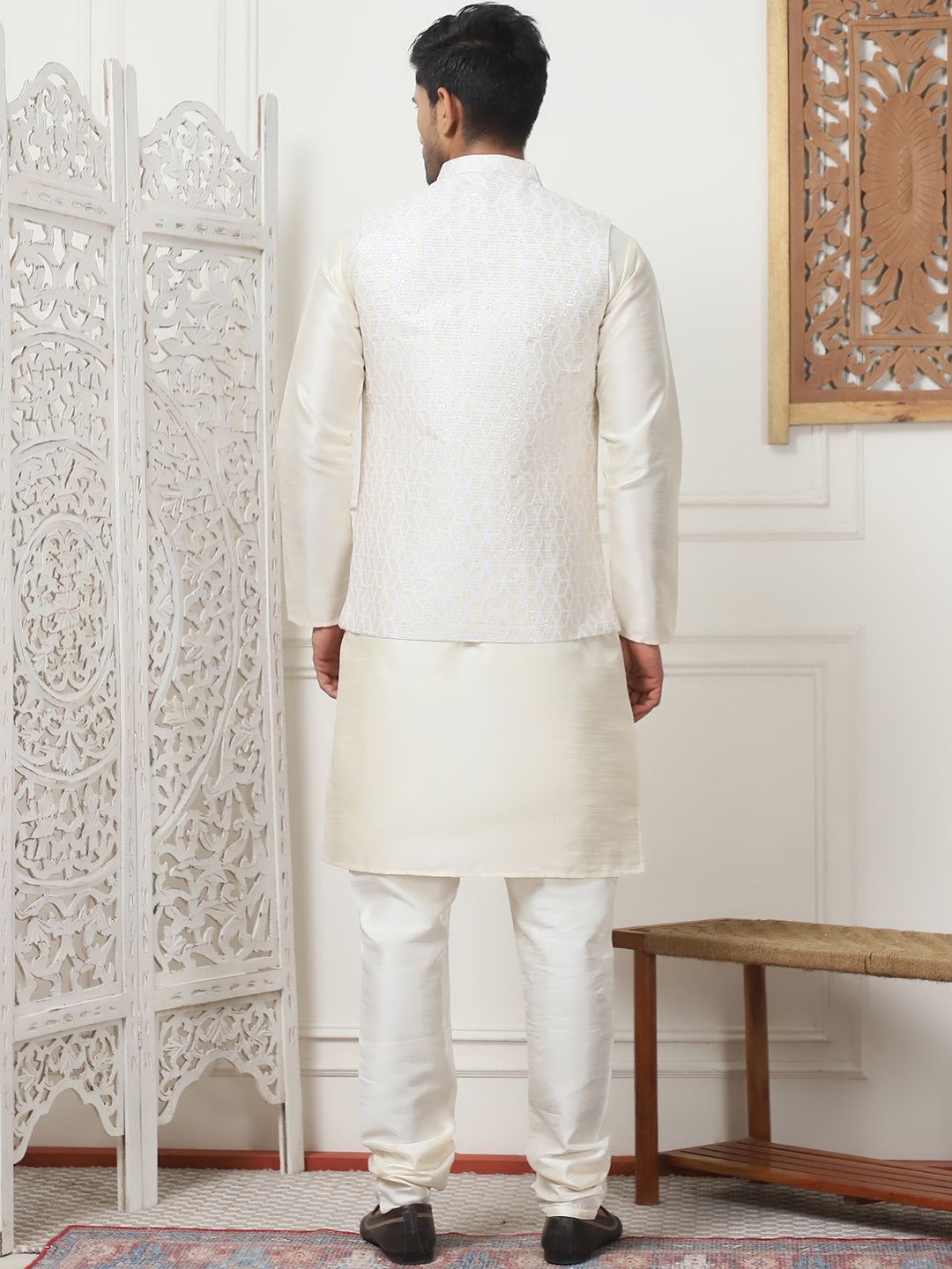 Woven Design Nehru Jacket With Solid Kurta Pyjama ( ANMKPWC 636W 7014White )