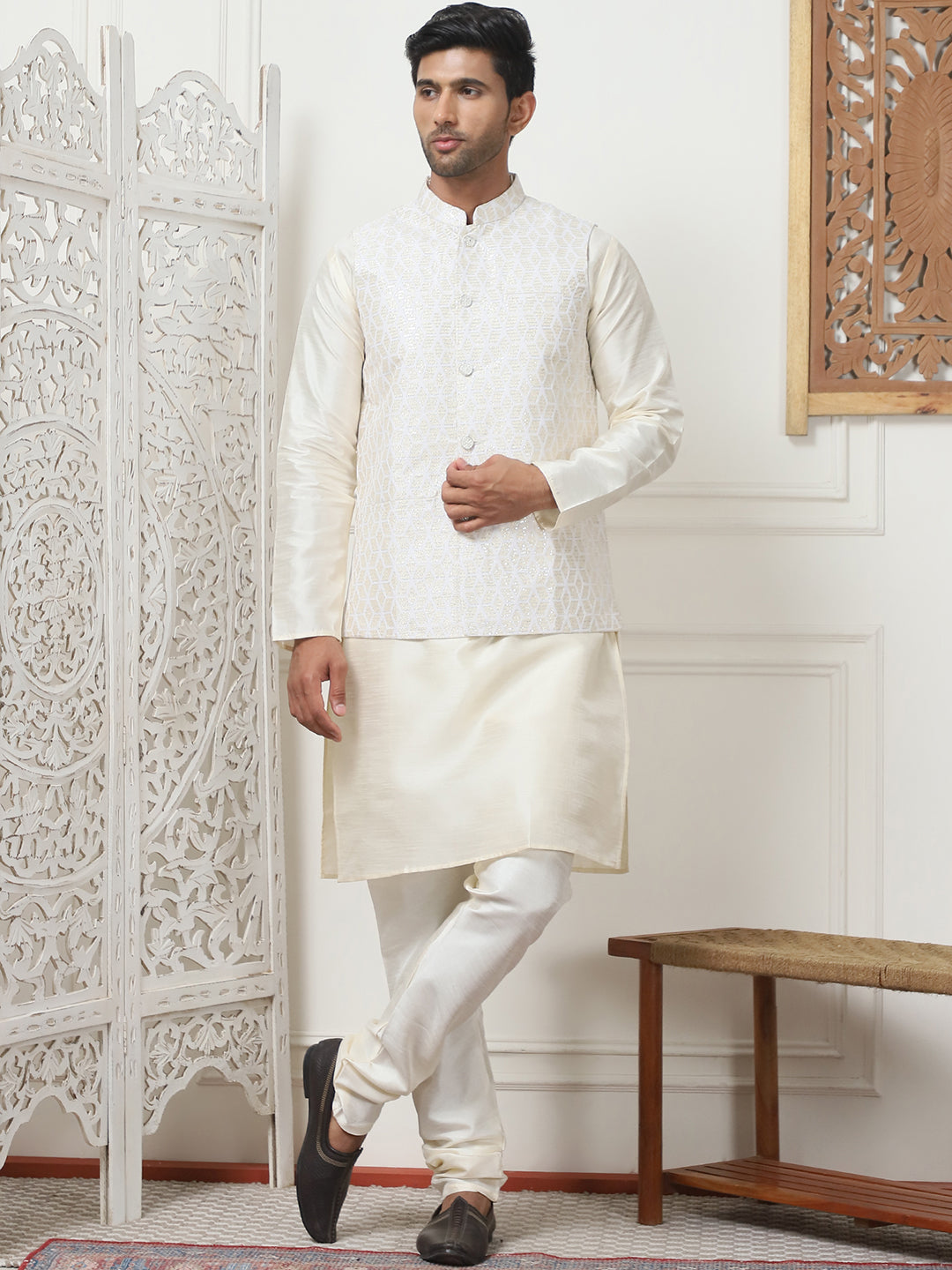 Woven Design Nehru Jacket With Solid Kurta Pyjama ( ANMKPWC 636W 7014White )