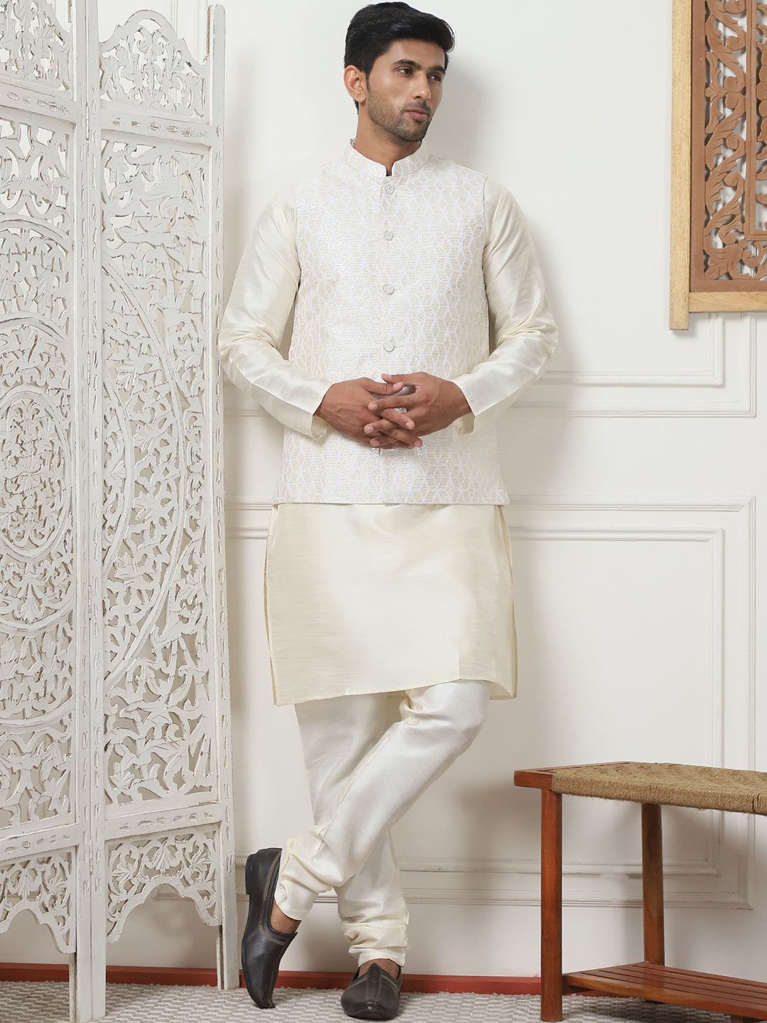 Woven Design Nehru Jacket With Solid Kurta Pyjama ( ANMKPWC 636W 7014White )