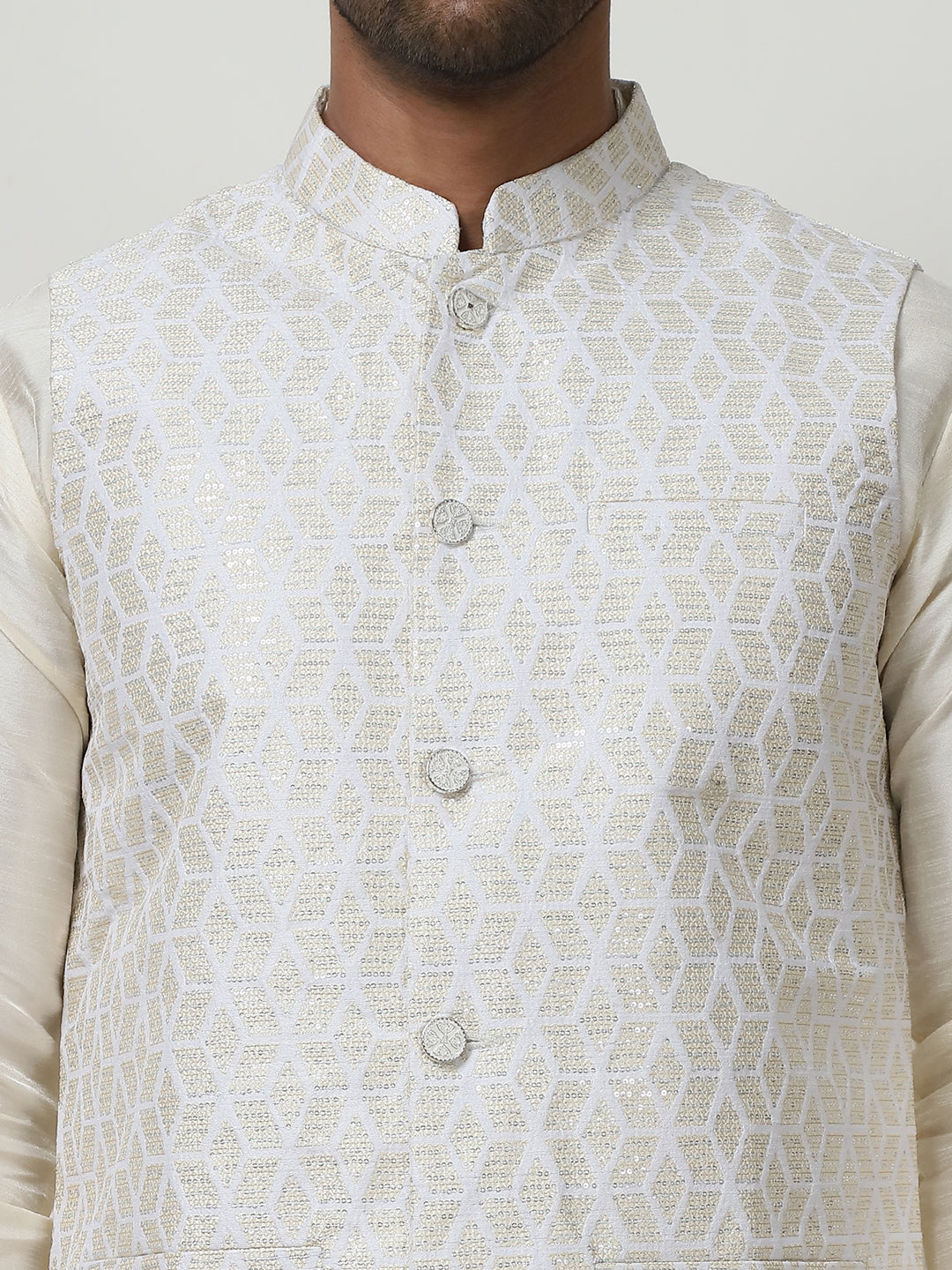 Woven Design Nehru Jacket With Solid Kurta Pyjama ( ANMKPWC 636W 7014White )
