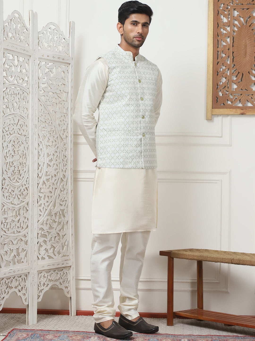 Woven Design Nehru Jacket With Solid Kurta Pyjama ( ANMKPWC 636W 7015Pista )