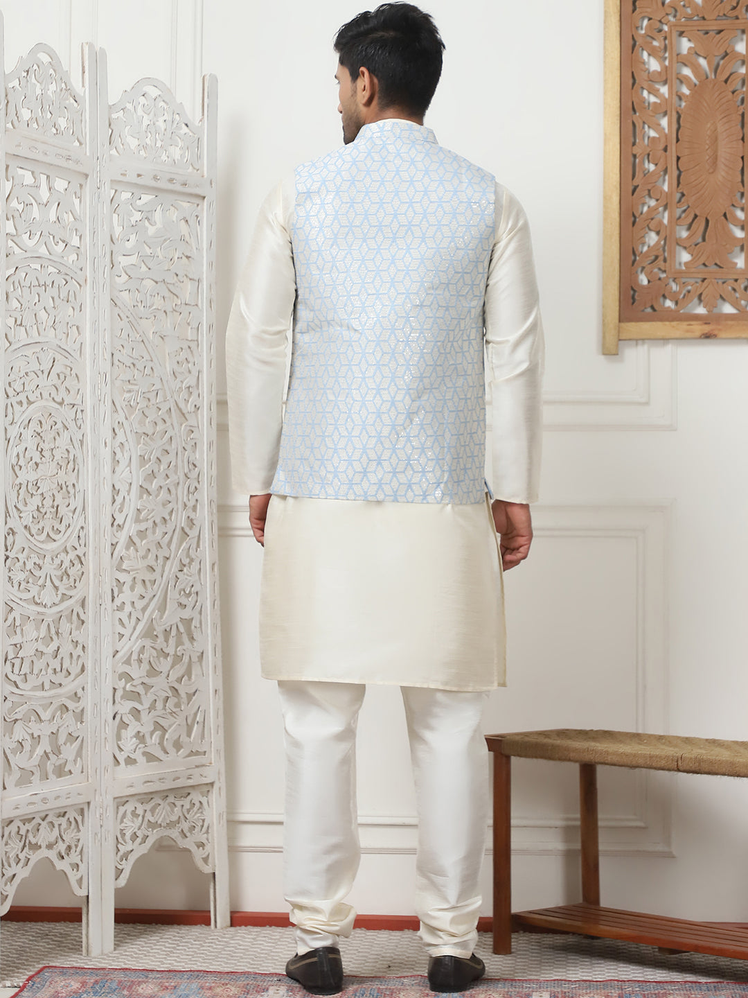 Woven Design Nehru Jacket With Solid Kurta Pyjama ( ANMKPWC 636W 7015Pista )
