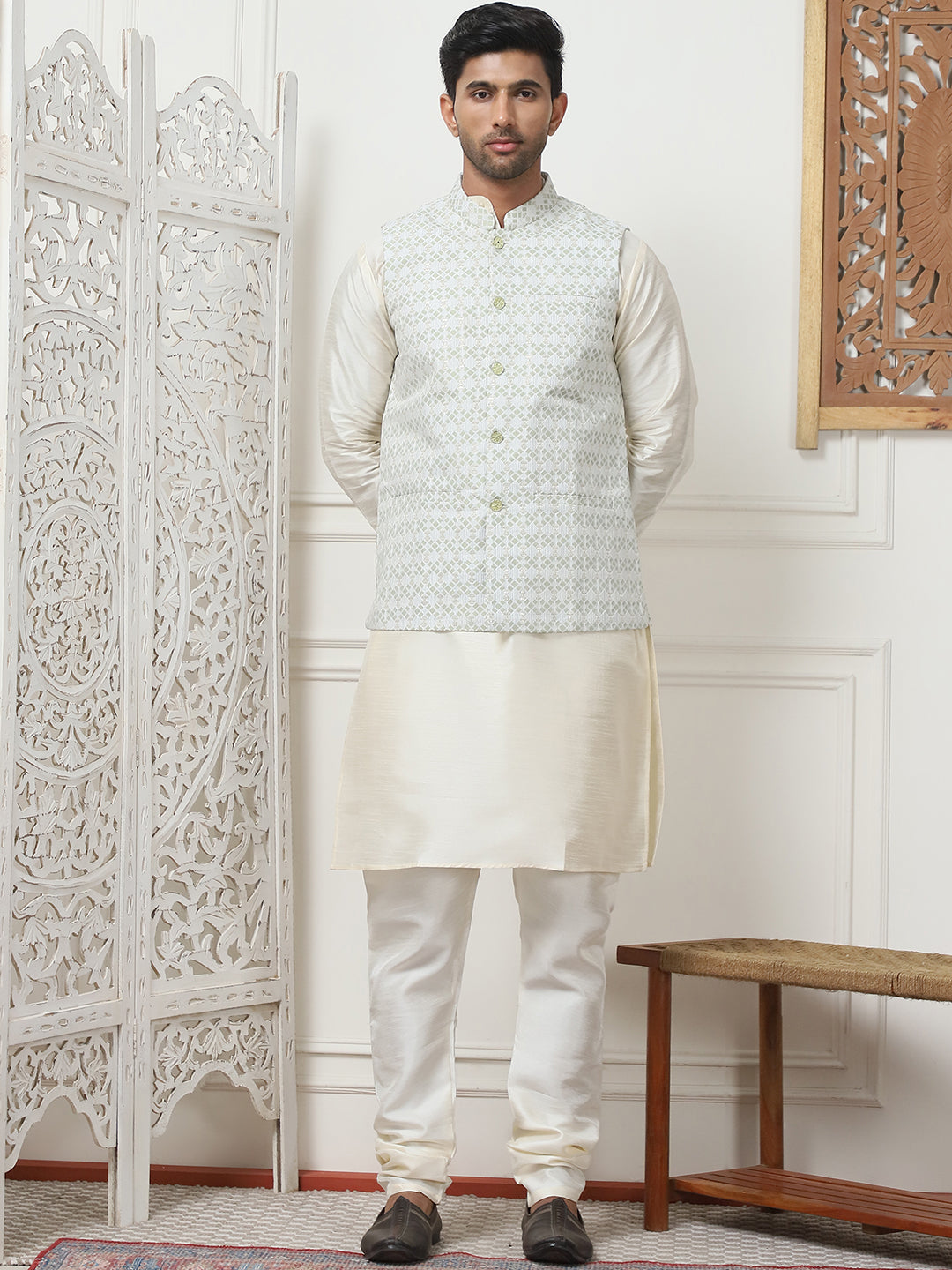 Woven Design Nehru Jacket With Solid Kurta Pyjama ( ANMKPWC 636W 7015Pista )