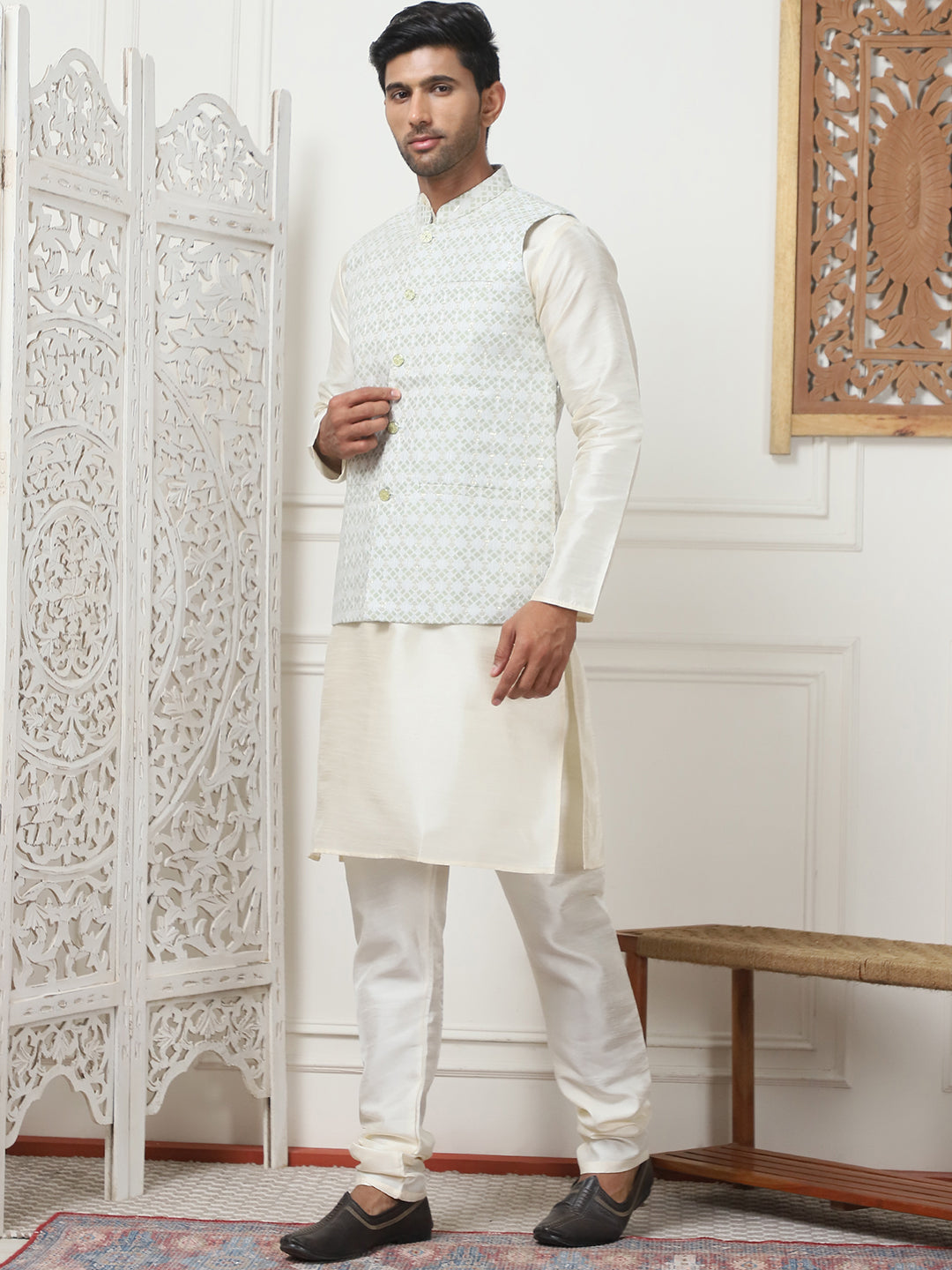 Woven Design Nehru Jacket With Solid Kurta Pyjama ( ANMKPWC 636W 7015Pista )