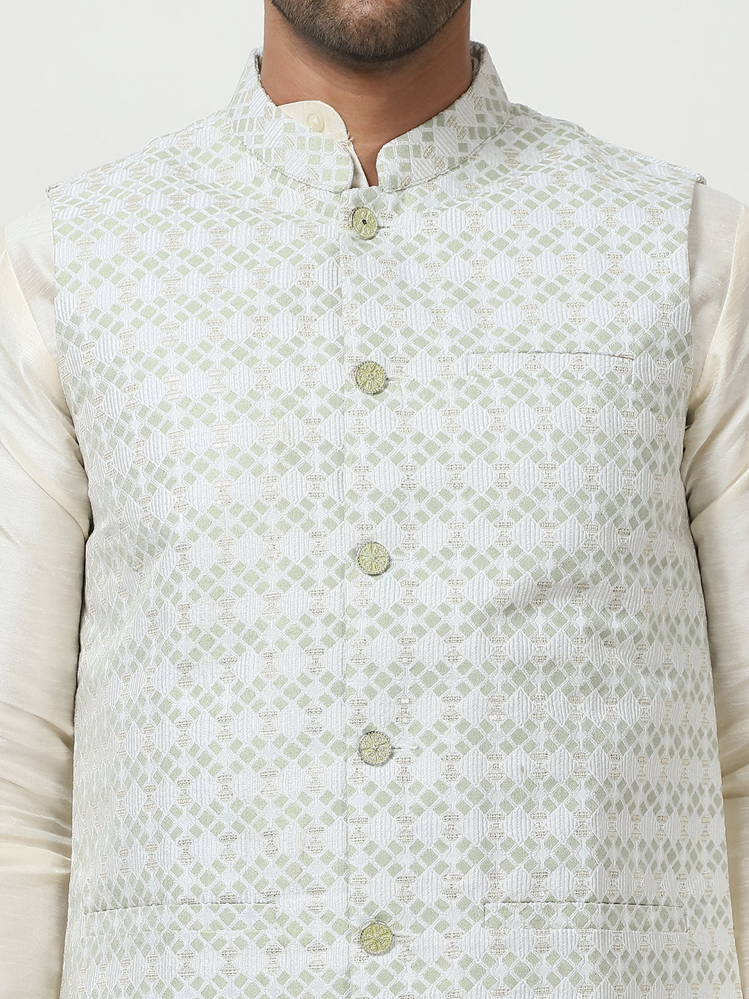 Woven Design Nehru Jacket With Solid Kurta Pyjama ( ANMKPWC 636W 7015Pista )