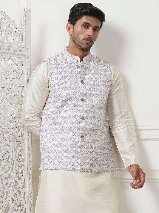 Woven Design Nehru Jacket With Solid Kurta Pyjama ( ANMKPWC 636W 7015Purple )