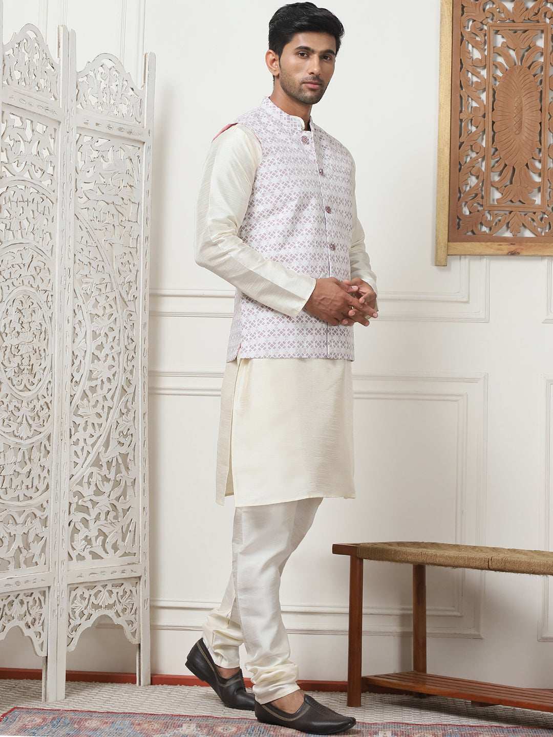 Woven Design Nehru Jacket With Solid Kurta Pyjama ( ANMKPWC 636W 7015Purple )