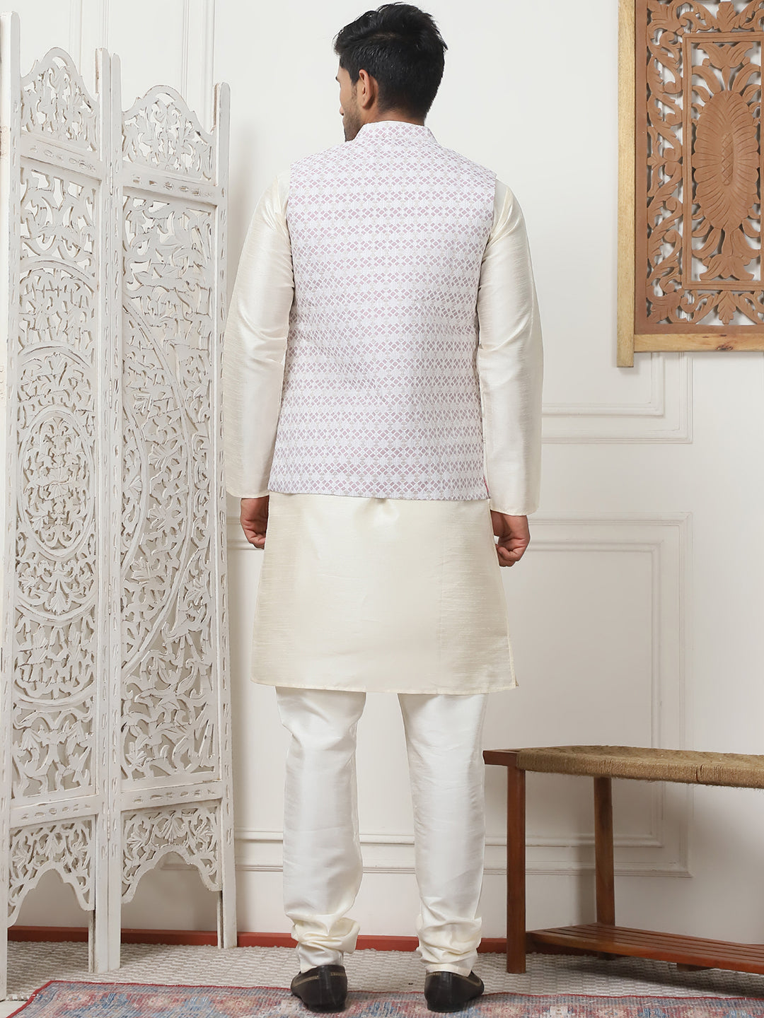 Woven Design Nehru Jacket With Solid Kurta Pyjama ( ANMKPWC 636W 7015Purple )