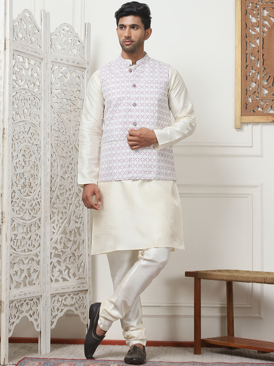 Woven Design Nehru Jacket With Solid Kurta Pyjama ( ANMKPWC 636W 7015Purple )