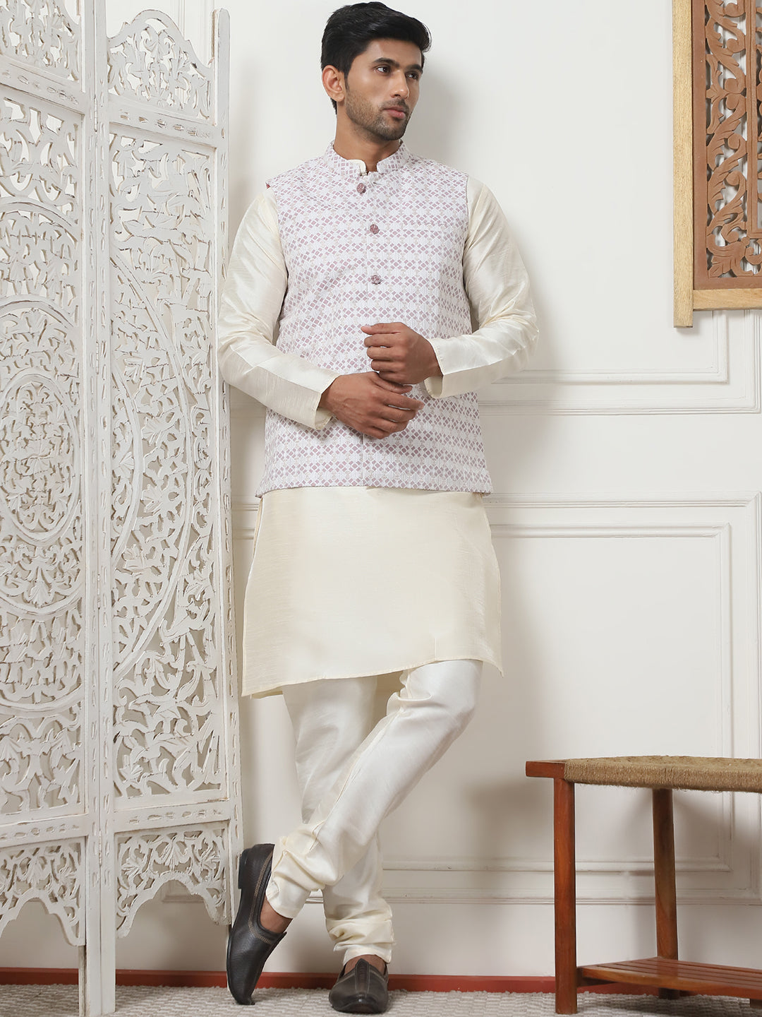 Woven Design Nehru Jacket With Solid Kurta Pyjama ( ANMKPWC 636W 7015Purple )