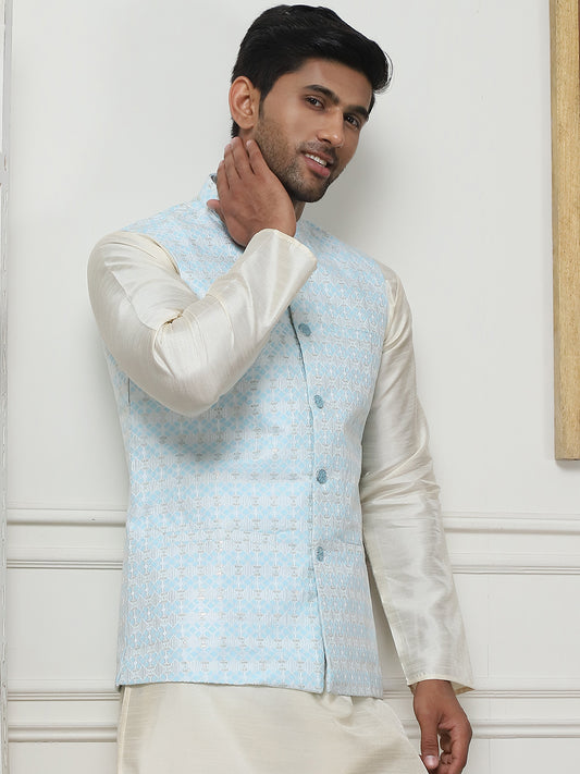 Woven Design Nehru Jacket With Solid Kurta Pyjama ( ANMKPWC 636W 7015Sky )