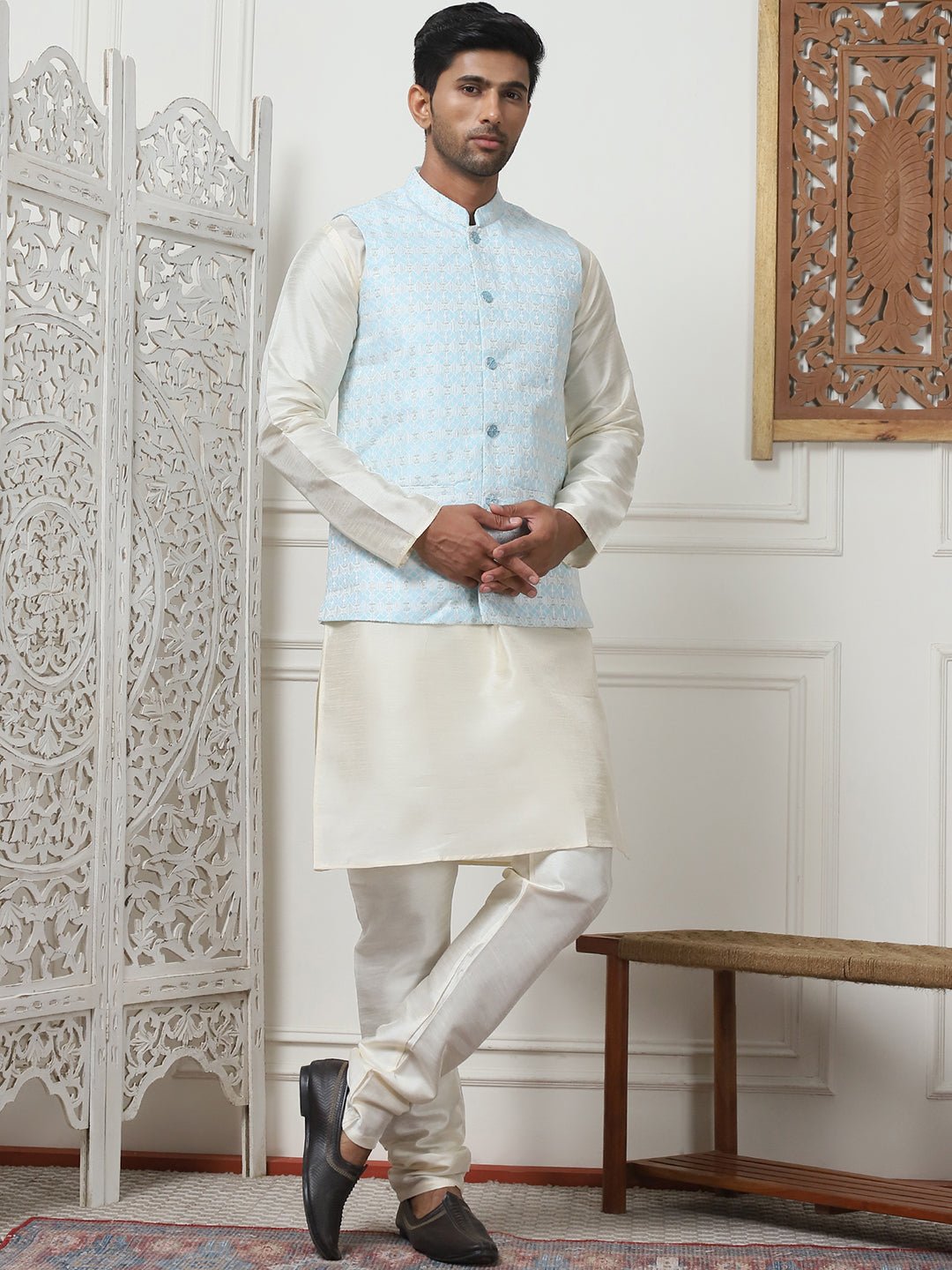 Woven Design Nehru Jacket With Solid Kurta Pyjama ( ANMKPWC 636W 7015Sky )