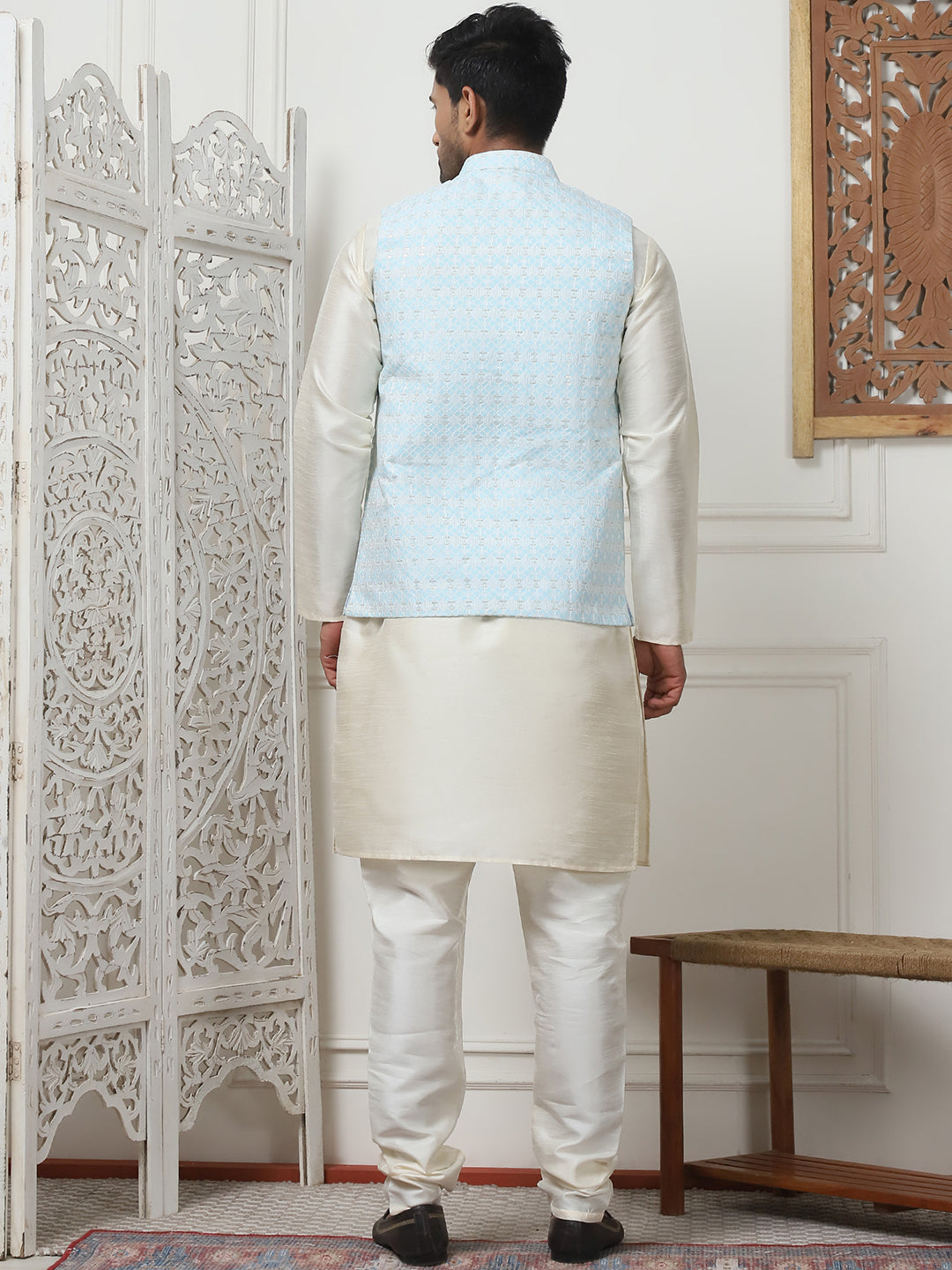 Woven Design Nehru Jacket With Solid Kurta Pyjama ( ANMKPWC 636W 7015Pista )