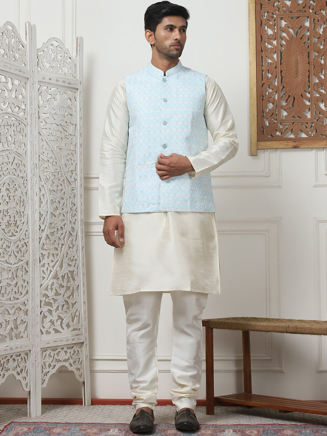 Woven Design Nehru Jacket With Solid Kurta Pyjama ( ANMKPWC 636W 7015Sky )