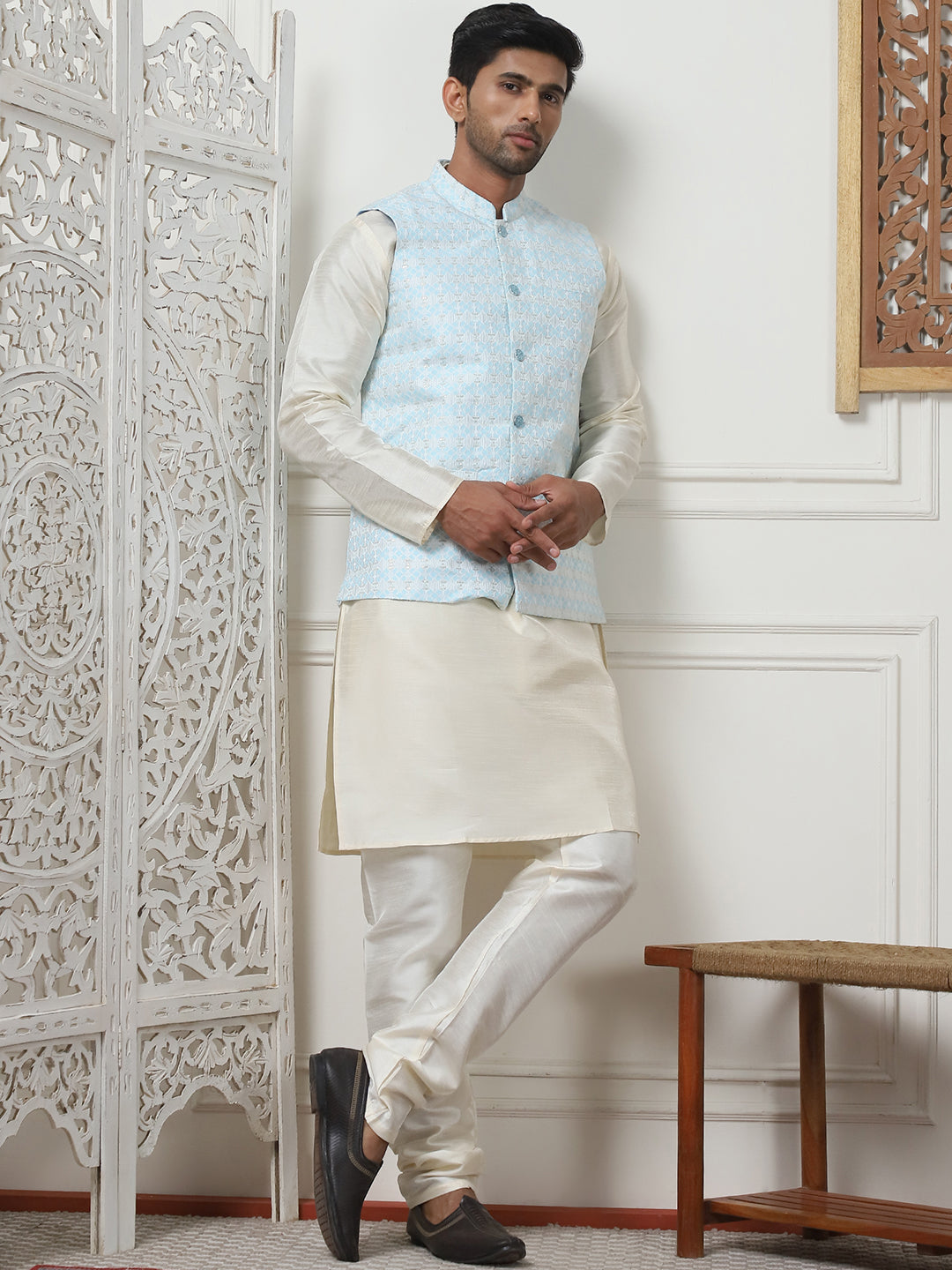 Woven Design Nehru Jacket With Solid Kurta Pyjama ( ANMKPWC 636W 7015Sky )