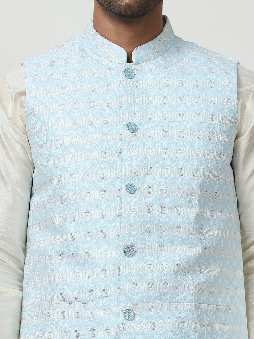 Woven Design Nehru Jacket With Solid Kurta Pyjama ( ANMKPWC 636W 7015Sky )