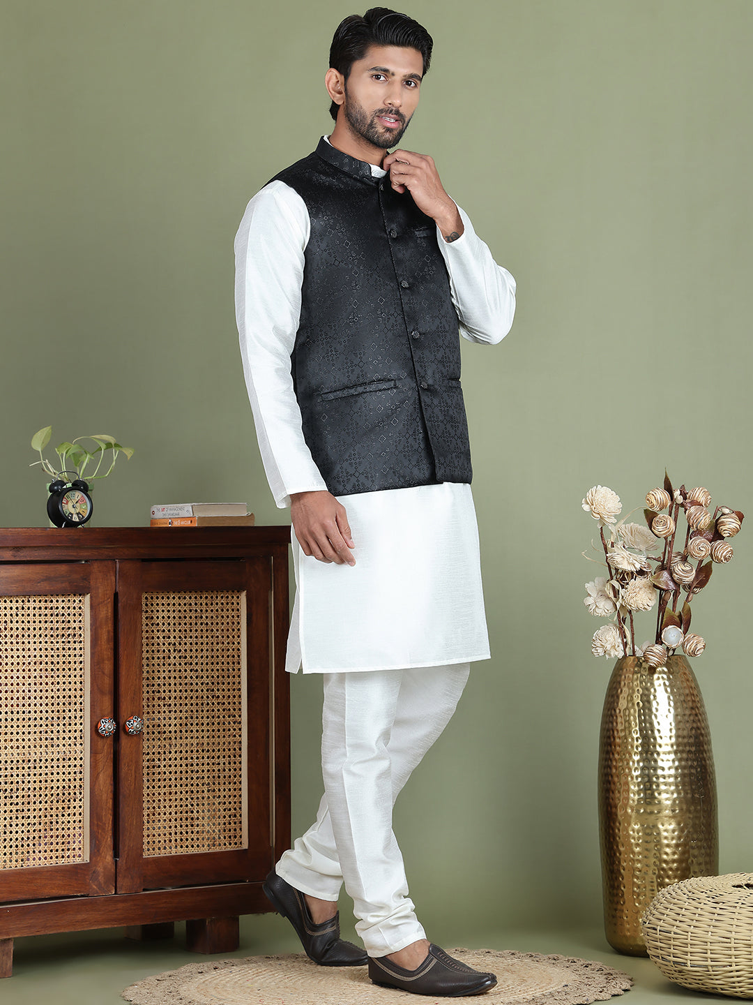 Men's Woven Design Nehru Jacket With Solid Kurta Pyjama ( ANMKPWC 592W 7019Black )