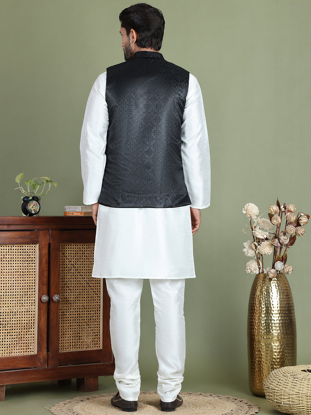 Men's Woven Design Nehru Jacket With Solid Kurta Pyjama ( ANMKPWC 592W 7019Black )