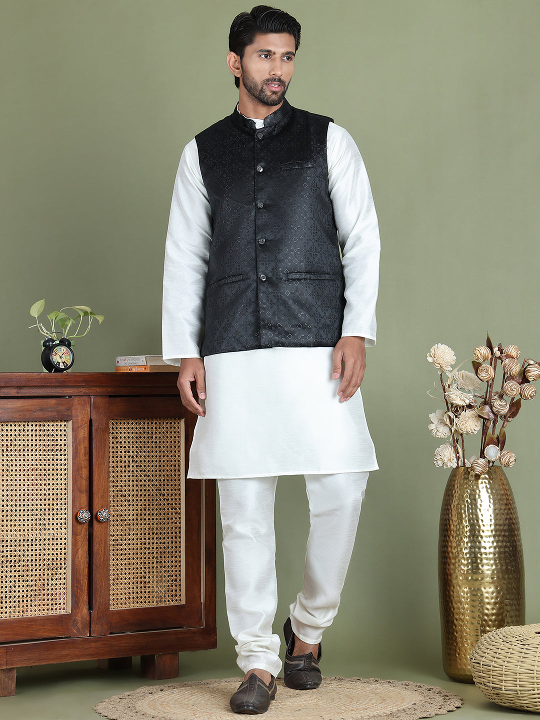 Men's Woven Design Nehru Jacket With Solid Kurta Pyjama ( ANMKPWC 592W 7019Black )