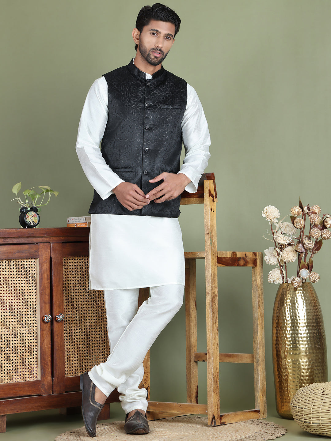 Men's Woven Design Nehru Jacket With Solid Kurta Pyjama ( ANMKPWC 592W 7019Black )