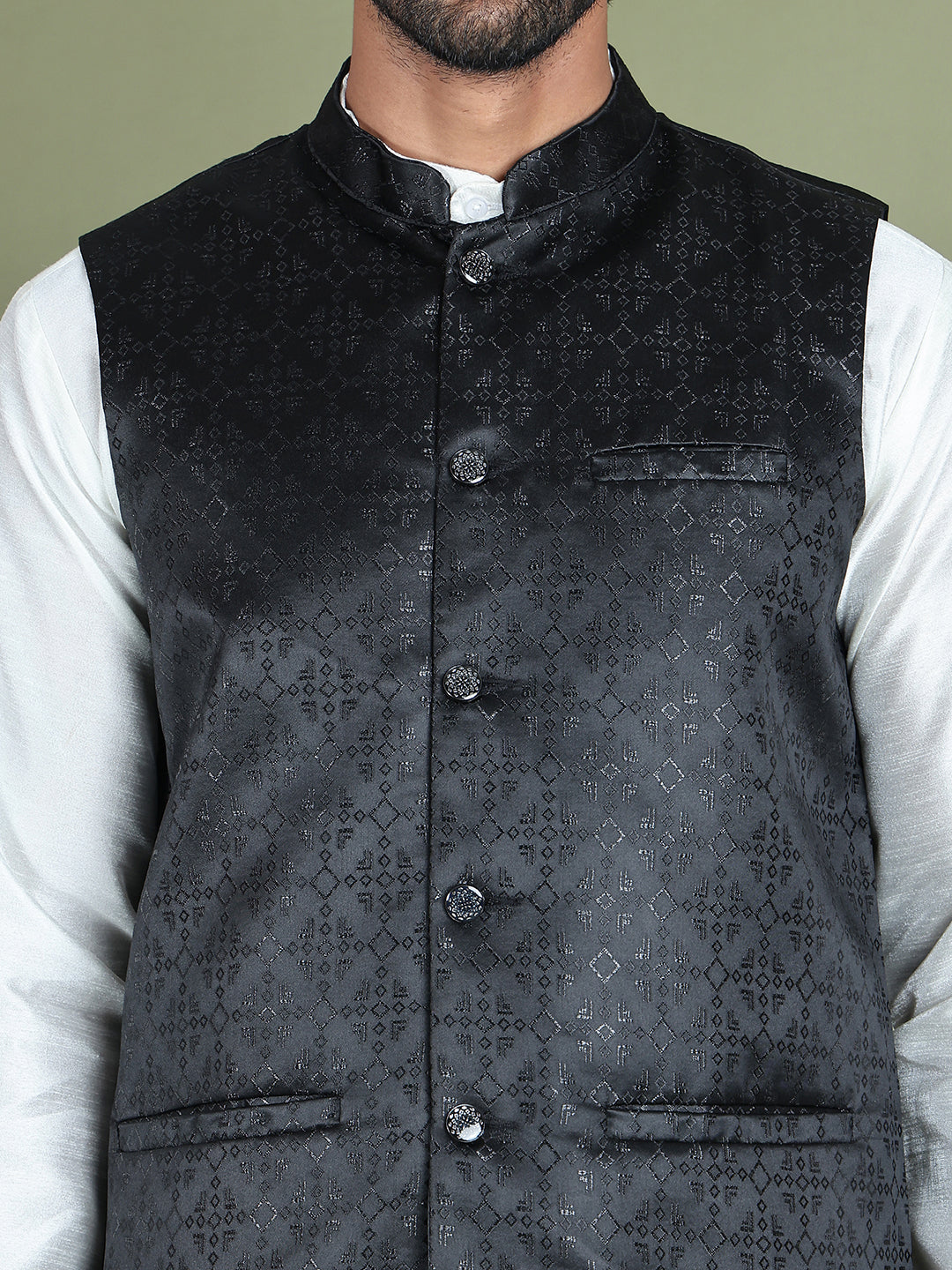 Men's Woven Design Nehru Jacket With Solid Kurta Pyjama ( ANMKPWC 592W 7019Black )