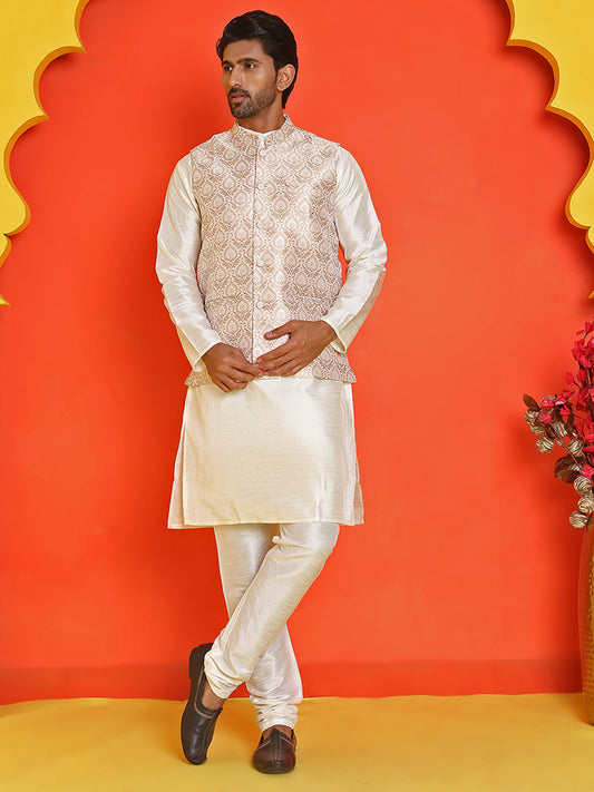 Men's Woven Design Nehru Jacket With Solid Kurta Pyjama ( ANMKPWC 636W 7025Cream )