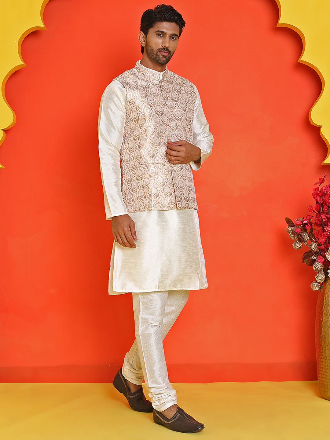 Men's Woven Design Nehru Jacket With Solid Kurta Pyjama ( ANMKPWC 636W 7025Cream )