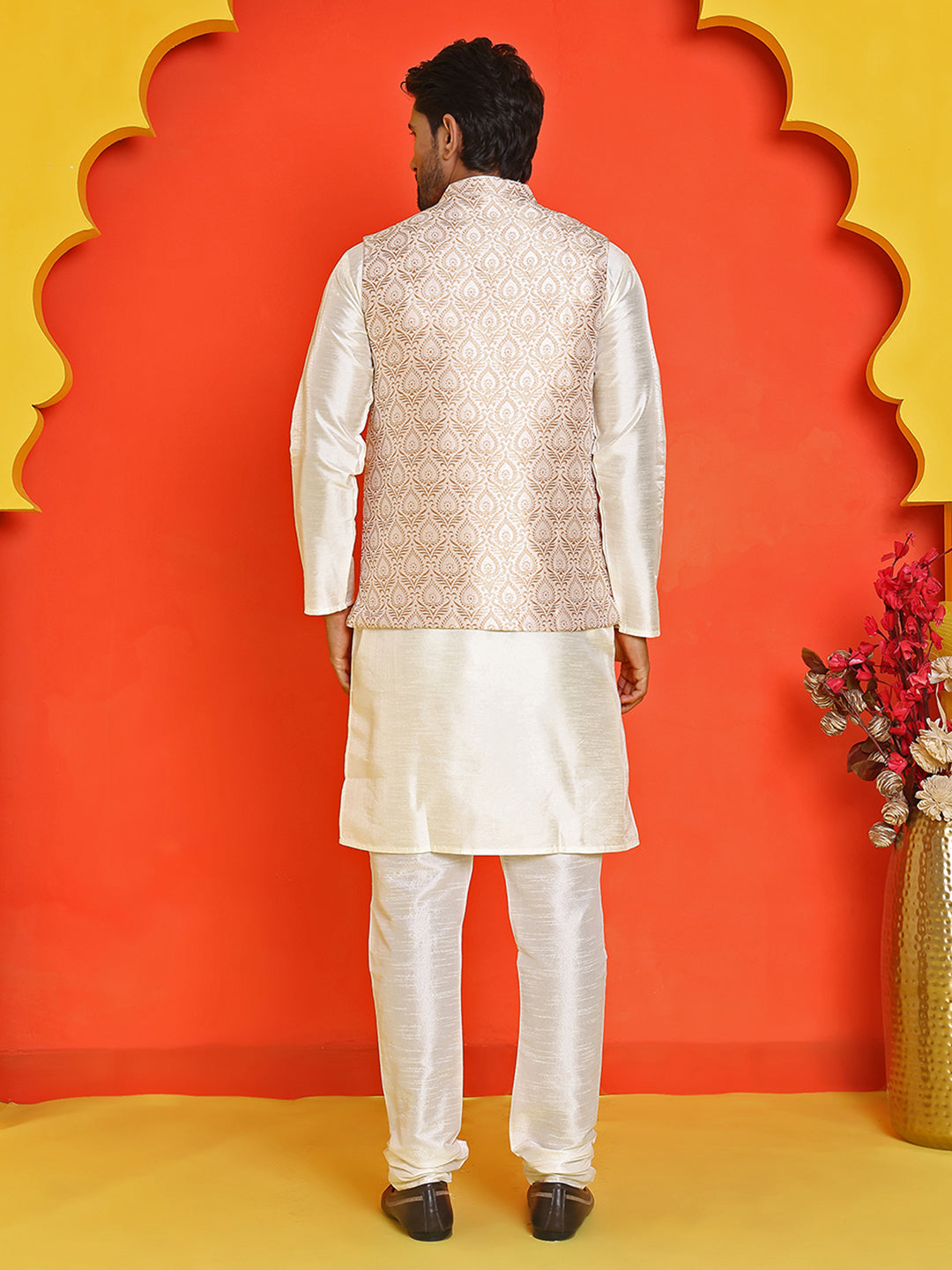Men's Woven Design Nehru Jacket With Solid Kurta Pyjama ( ANMKPWC 636W 7025Cream )