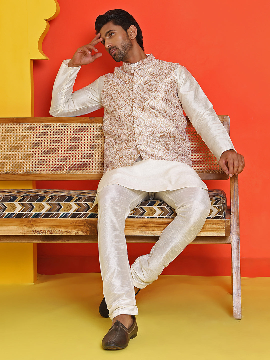 Men's Woven Design Nehru Jacket With Solid Kurta Pyjama ( ANMKPWC 636W 7025Cream )