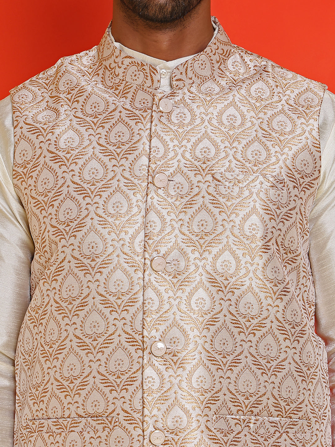 Men's Woven Design Nehru Jacket With Solid Kurta Pyjama ( ANMKPWC 636W 7025Cream )