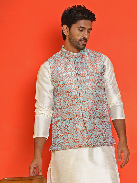 Men's Woven Design Nehru Jacket With Solid Kurta Pyjama ( ANMKPWC 636W 7025Green )