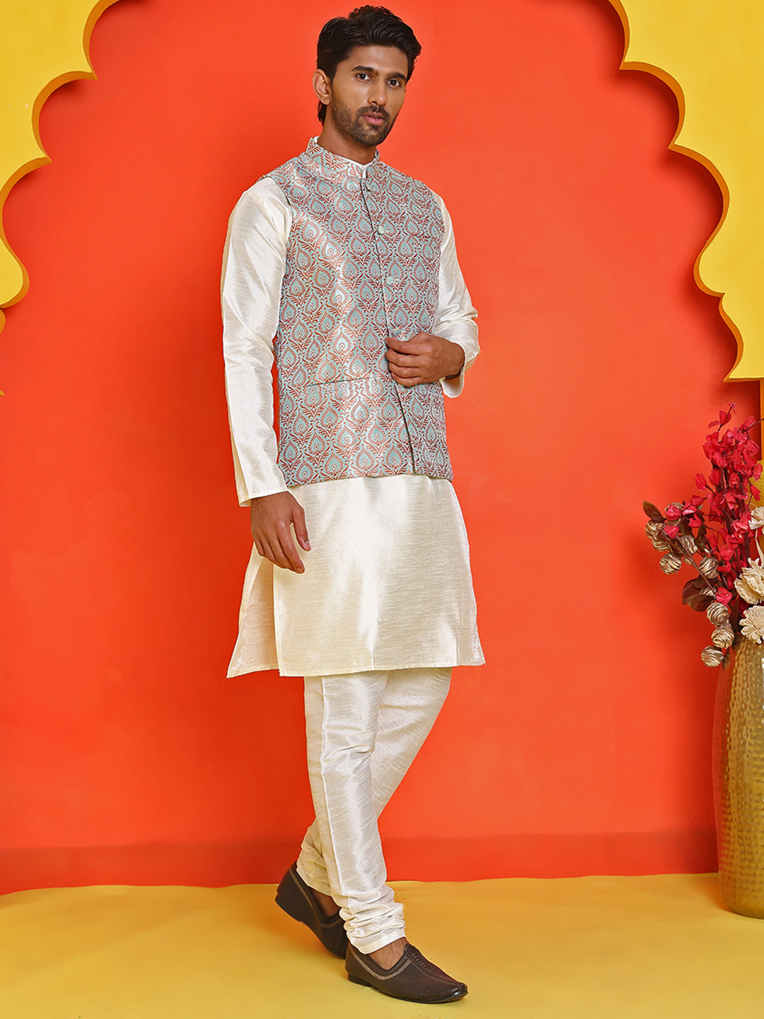 Men's Woven Design Nehru Jacket With Solid Kurta Pyjama ( ANMKPWC 636W 7025Green )