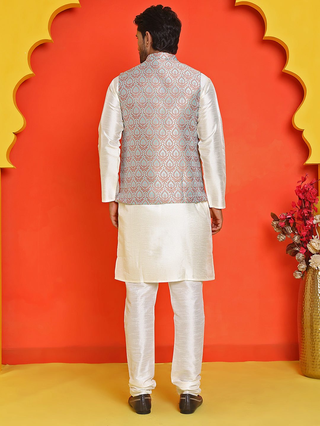 Men's Woven Design Nehru Jacket With Solid Kurta Pyjama ( ANMKPWC 636W 7025Green )