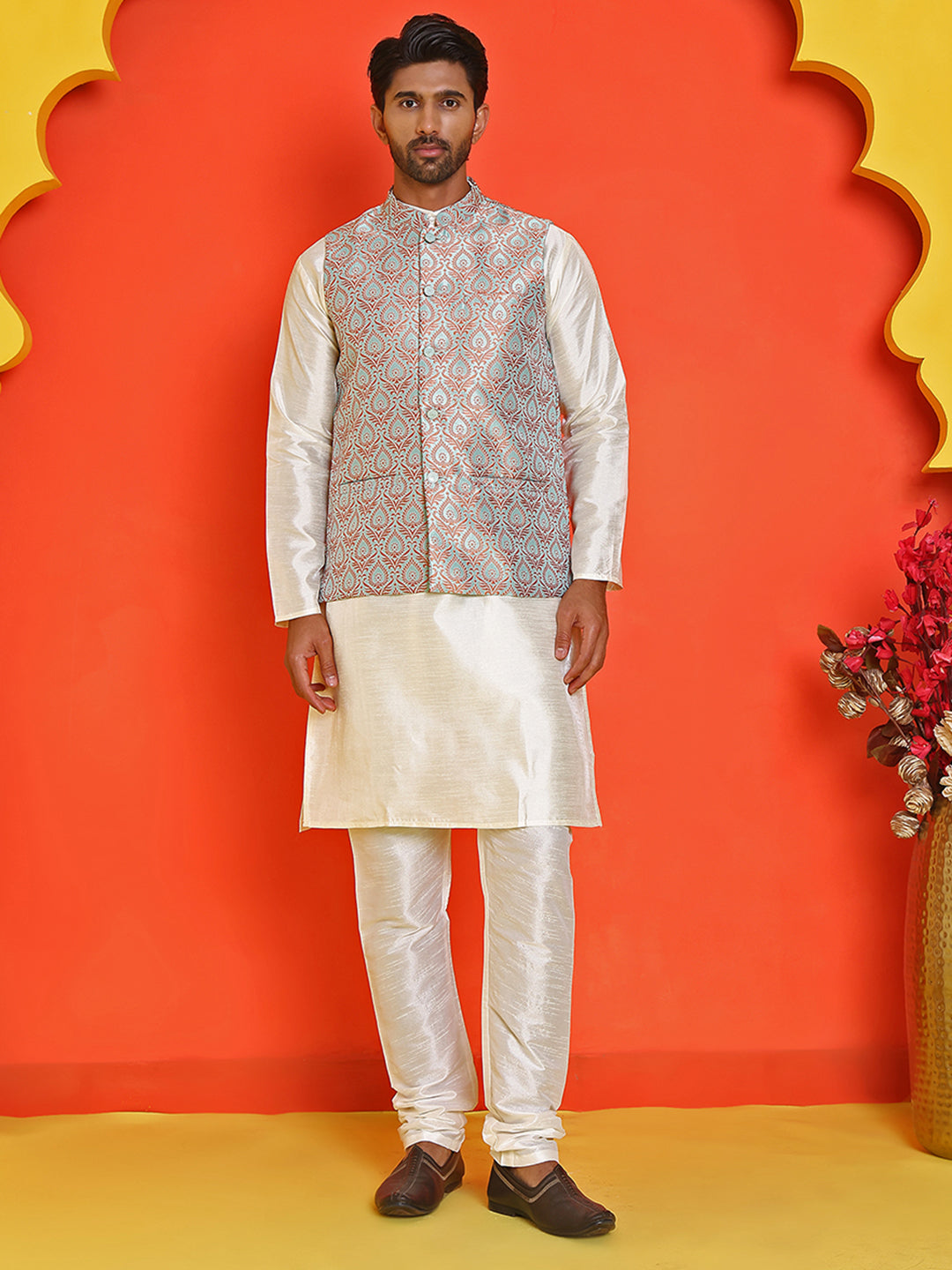 Men's Woven Design Nehru Jacket With Solid Kurta Pyjama ( ANMKPWC 636W 7025Green )