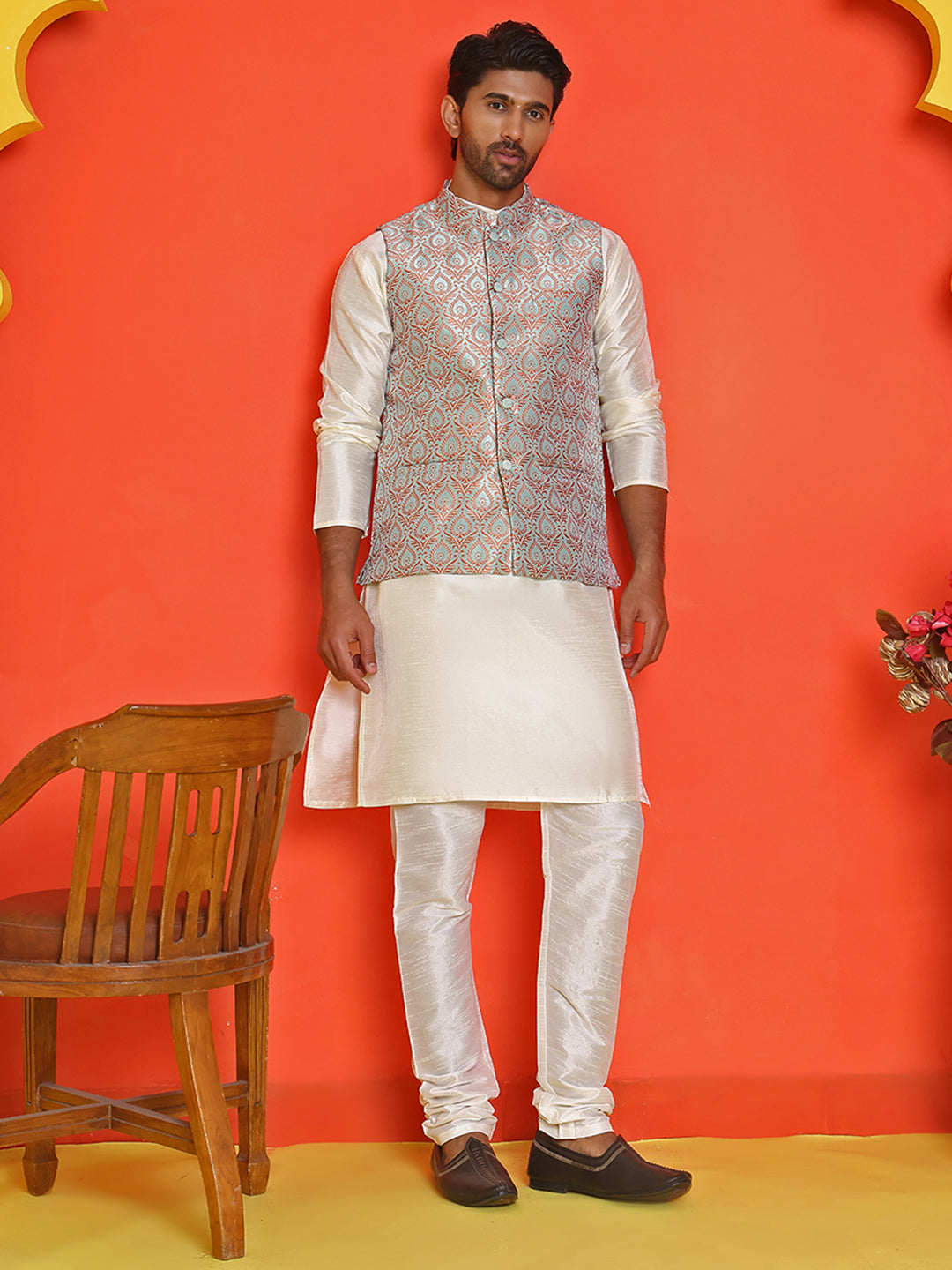Men's Woven Design Nehru Jacket With Solid Kurta Pyjama ( ANMKPWC 636W 7025Green )
