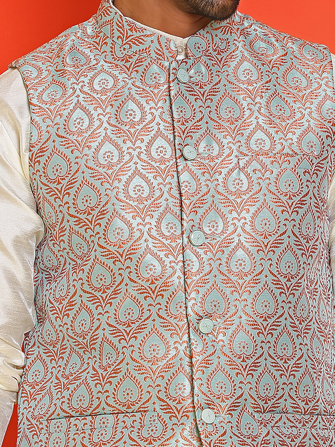 Men's Woven Design Nehru Jacket With Solid Kurta Pyjama ( ANMKPWC 636W 7025Green )