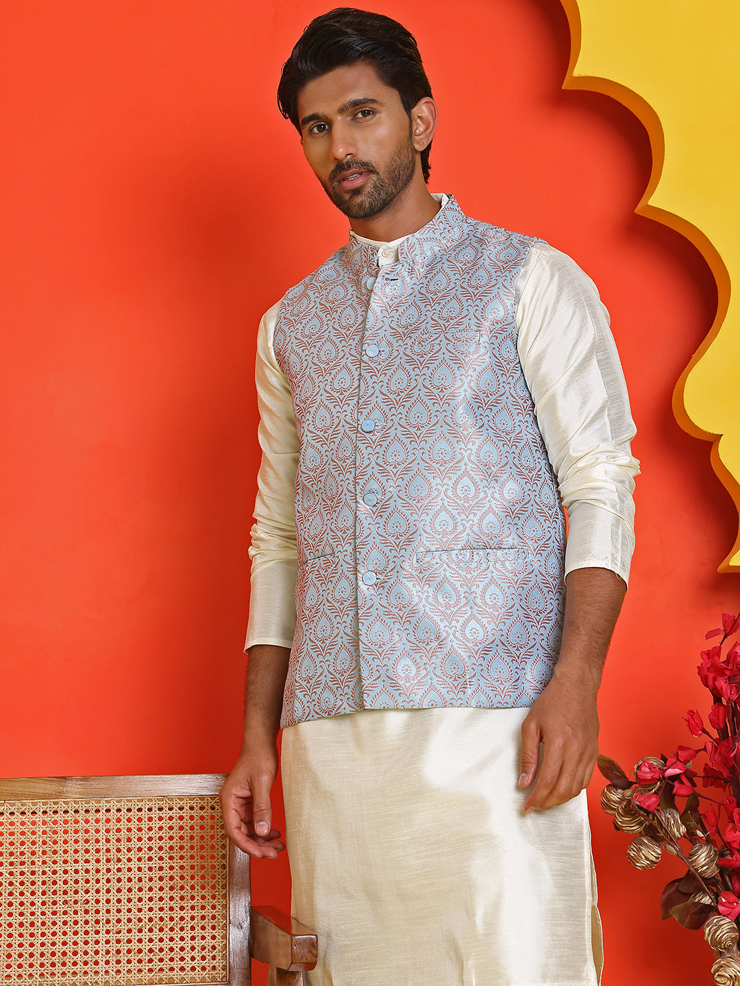 Men's Woven Design Nehru Jacket With Solid Kurta Pyjama ( ANMKPWC 636W 7025Sky )
