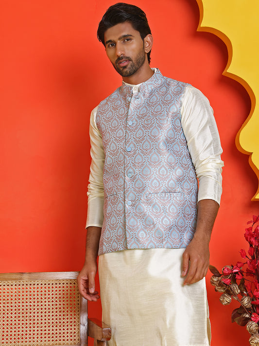 Men's Woven Design Nehru Jacket With Solid Kurta Pyjama ( ANMKPWC 636W 7025Sky )