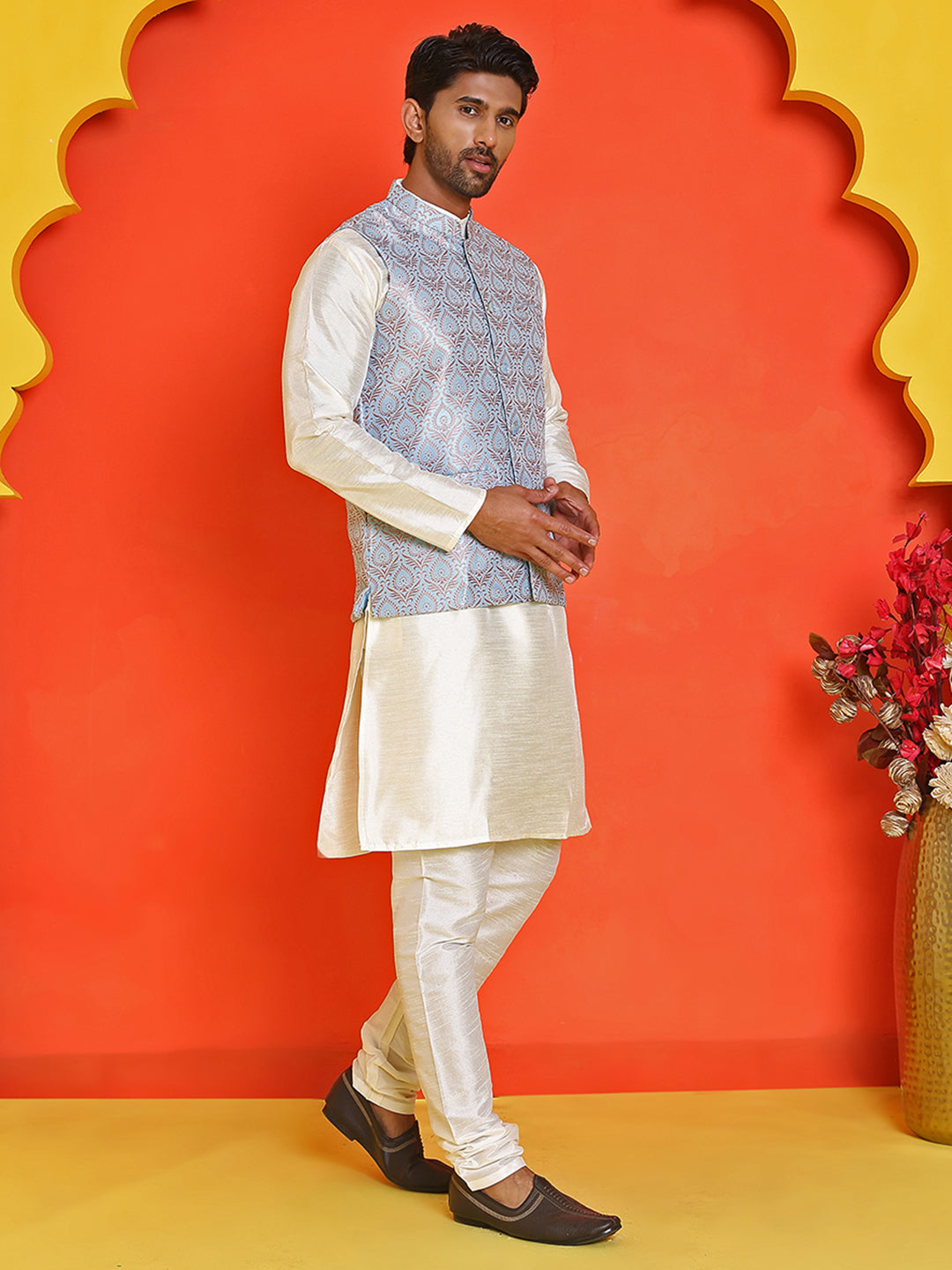Men's Woven Design Nehru Jacket With Solid Kurta Pyjama ( ANMKPWC 636W 7025Sky )
