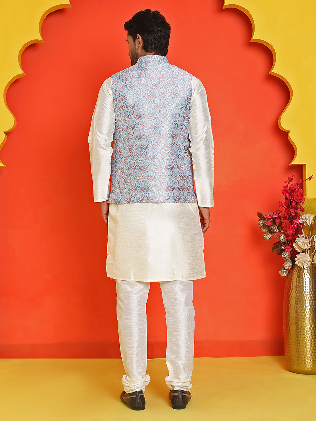 Men's Woven Design Nehru Jacket With Solid Kurta Pyjama ( ANMKPWC 636W 7025Sky )