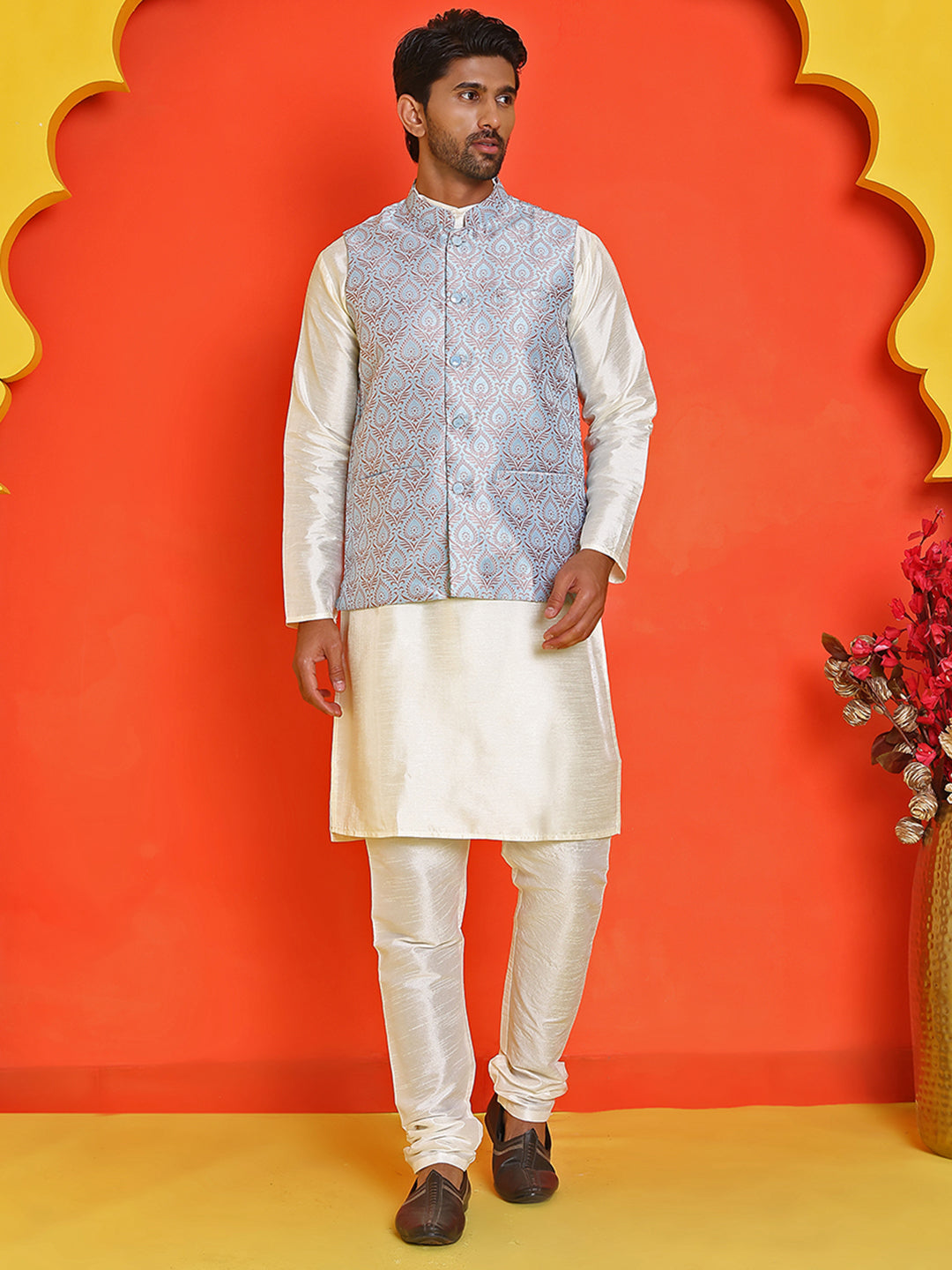 Men's Woven Design Nehru Jacket With Solid Kurta Pyjama ( ANMKPWC 636W 7025Sky )
