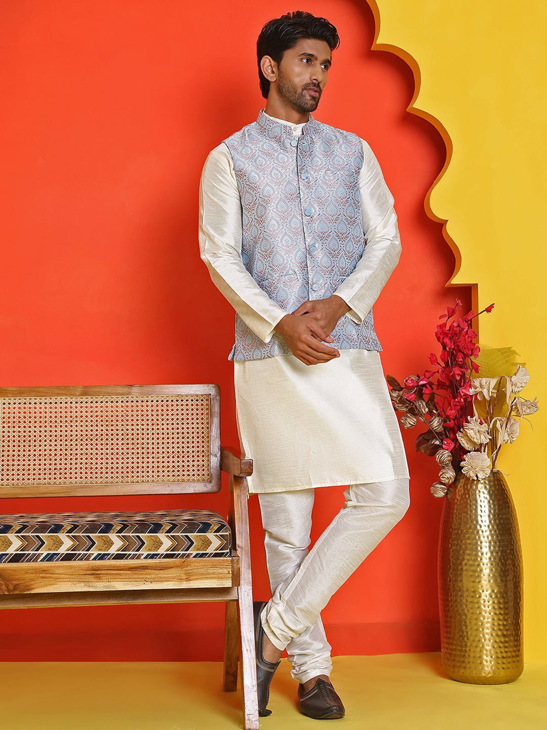 Men's Woven Design Nehru Jacket With Solid Kurta Pyjama ( ANMKPWC 636W 7025Sky )