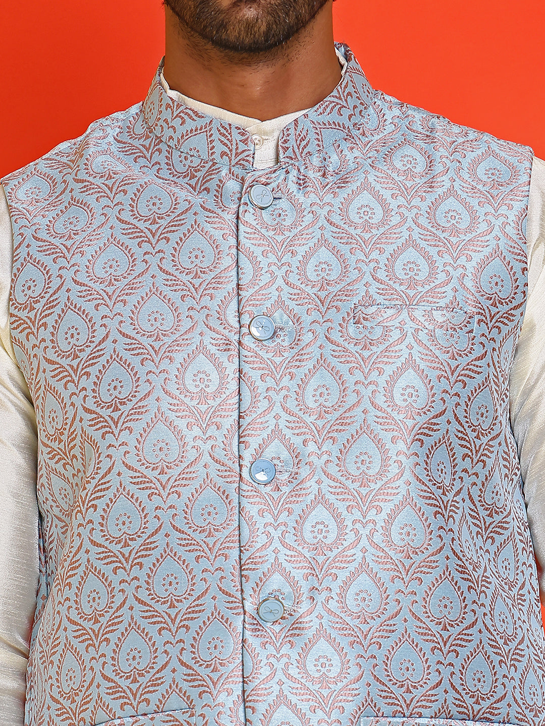 Men's Woven Design Nehru Jacket With Solid Kurta Pyjama ( ANMKPWC 636W 7025Sky )