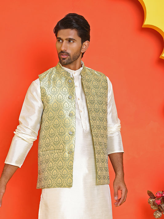 Men's Woven Design Nehru Jacket With Solid Kurta Pyjama ( ANMKPWC 636W 7025Yellow )