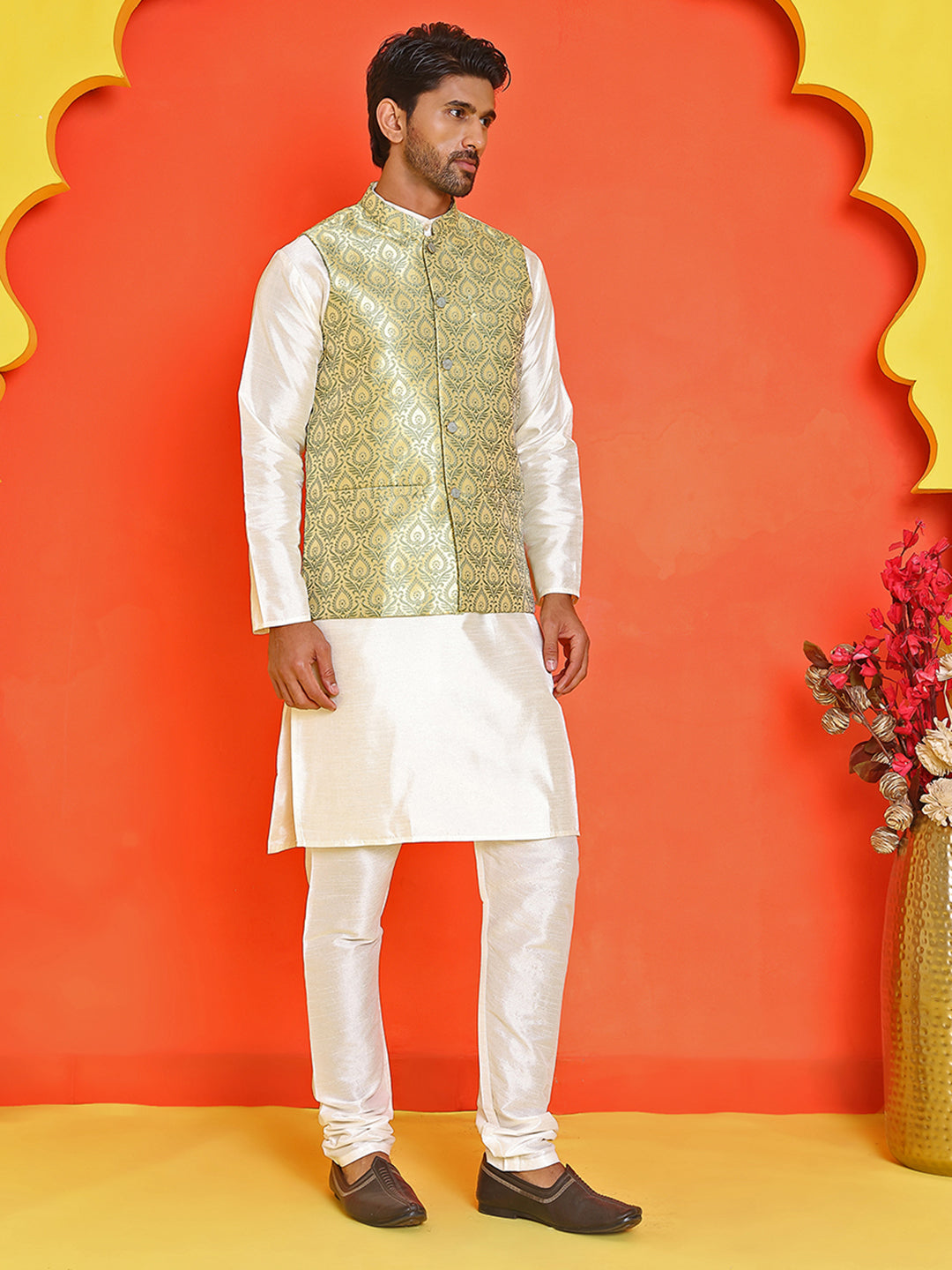 Men's Woven Design Nehru Jacket With Solid Kurta Pyjama ( ANMKPWC 636W 7025Yellow )