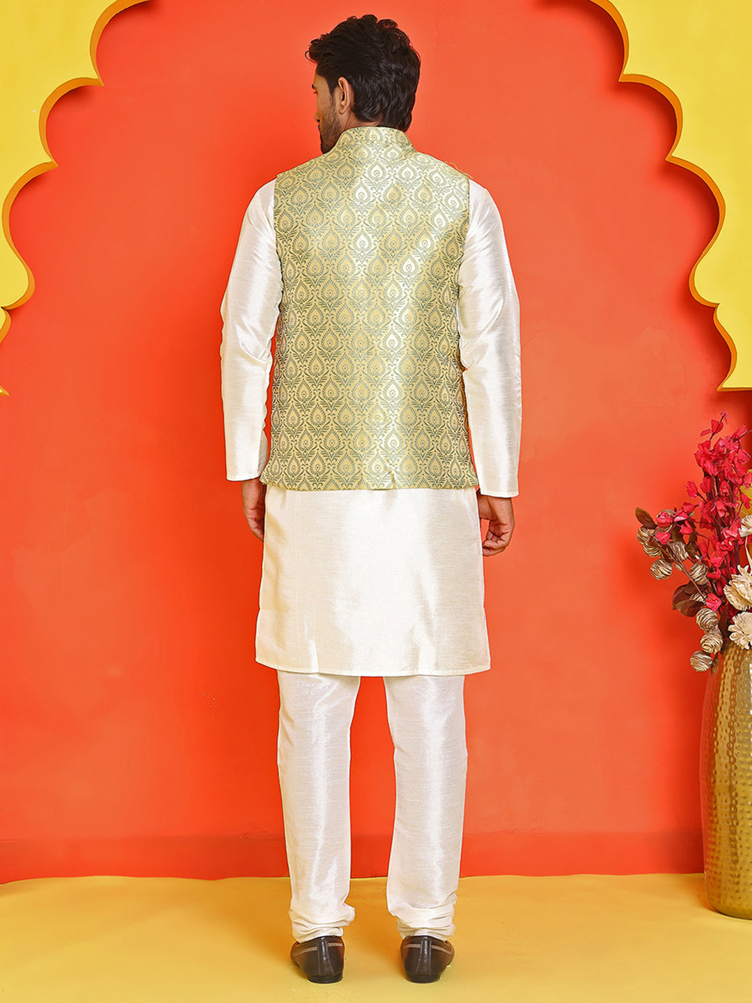 Men's Woven Design Nehru Jacket With Solid Kurta Pyjama ( ANMKPWC 636W 7025Yellow )