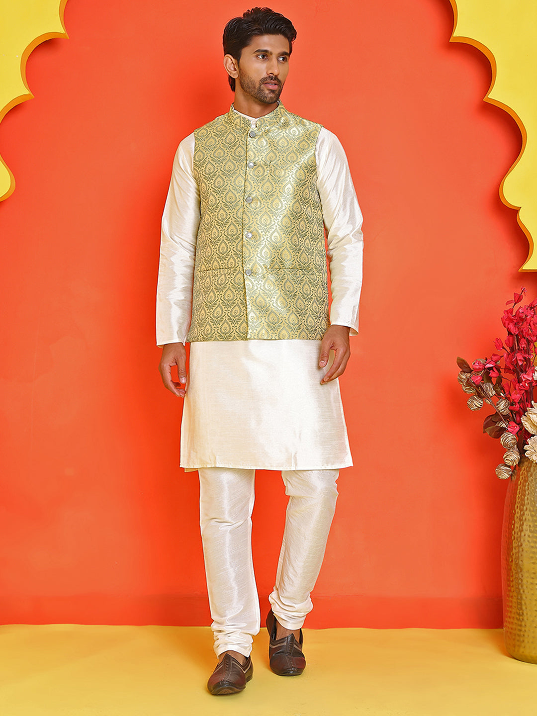 Men's Woven Design Nehru Jacket With Solid Kurta Pyjama ( ANMKPWC 636W 7025Yellow )