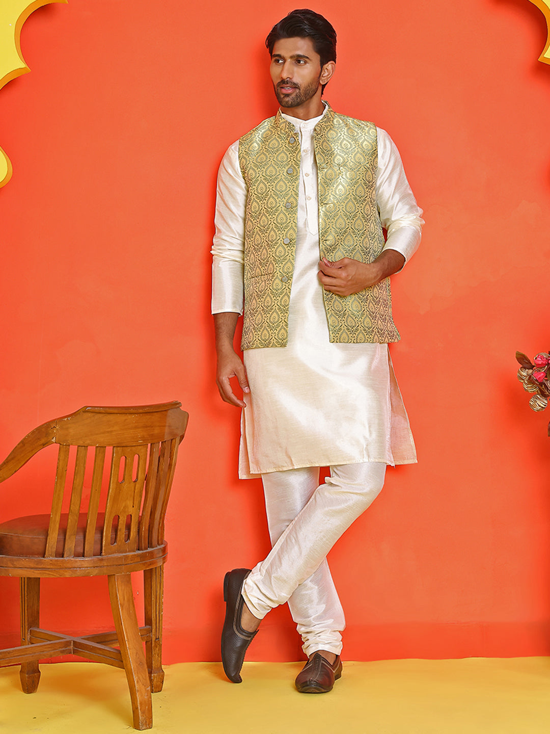 Men's Woven Design Nehru Jacket With Solid Kurta Pyjama ( ANMKPWC 636W 7025Yellow )
