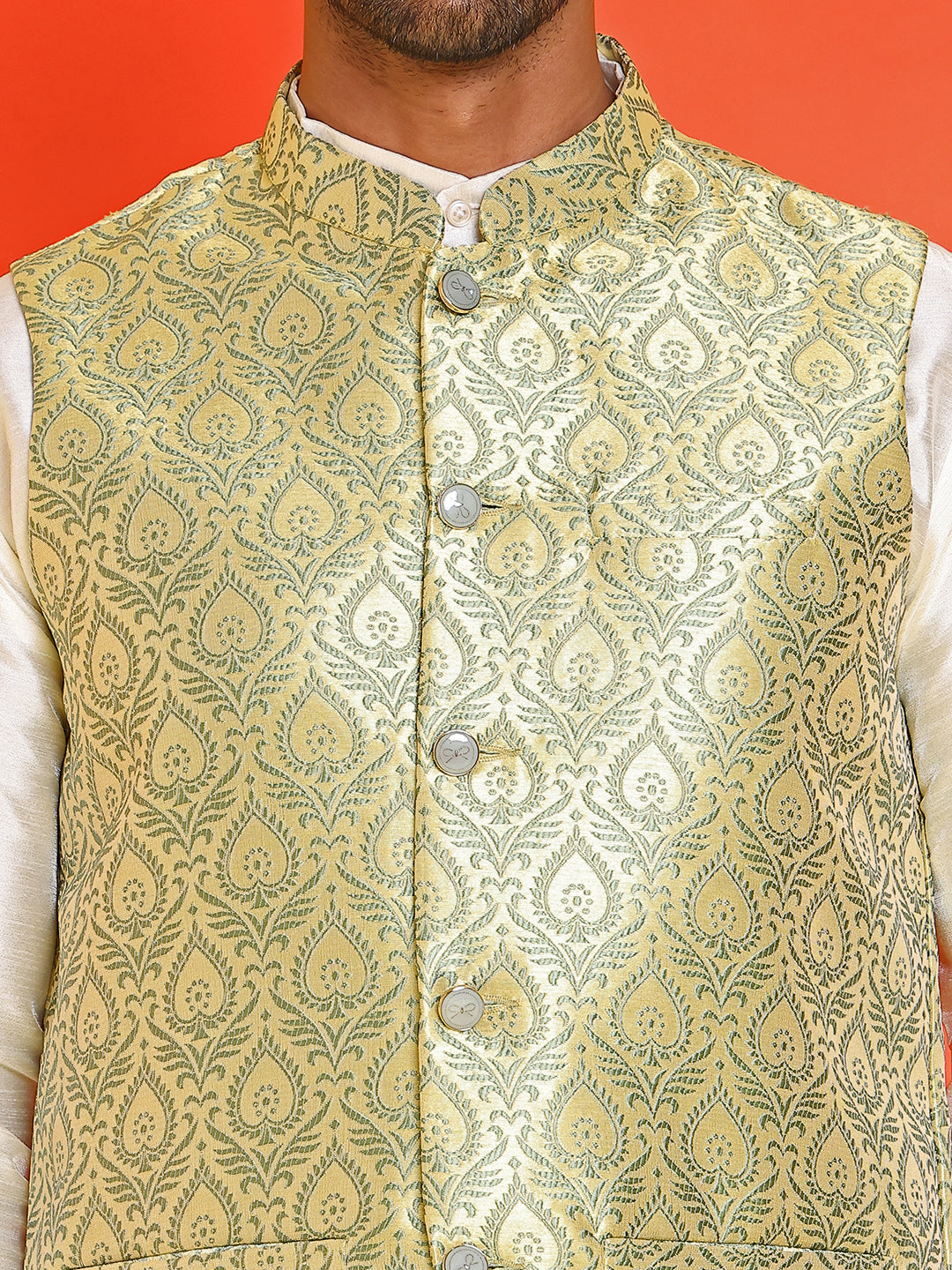 Men's Woven Design Nehru Jacket With Solid Kurta Pyjama ( ANMKPWC 636W 7025Yellow )