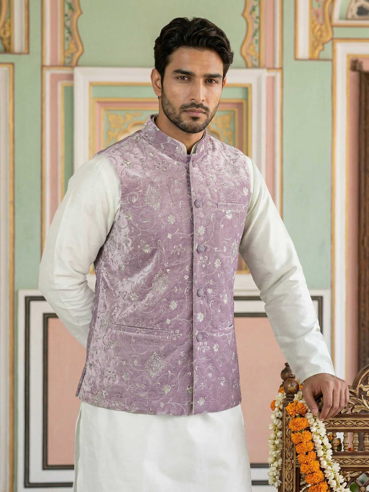 Velvet Embroidered Nehru Jacket Kurta Set ( ANMKPWC 636W 7030Purple )